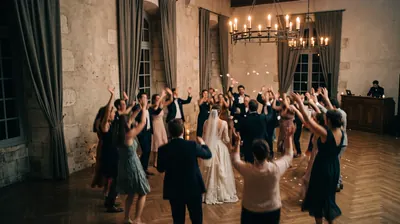 Wedding dance floor in the great hall of a château, the bride seen from behind among guests with their arms in the air