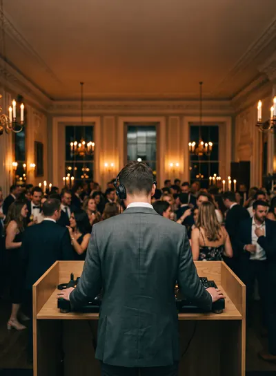 DJ en costume de dos à sa table, face à une salle de réception pleine
