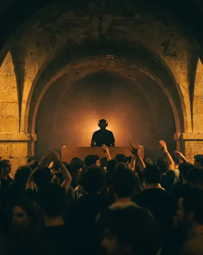 Packed dance floor under a stone vault, DJ against the light