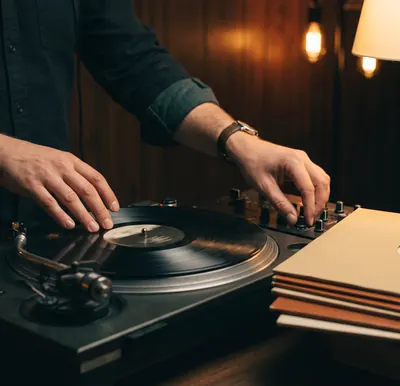 Hands on a vinyl turntable, lamplight
