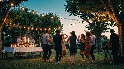 Anniversaire dans un jardin au crépuscule, guirlandes, gâteau aux bougies, invités qui dansent près du DJ