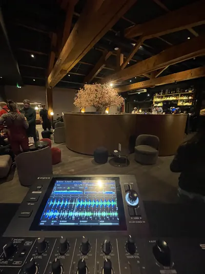 Mixer screen, chalet bar and a blossom tree in the background