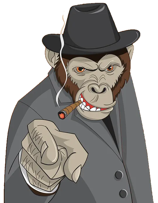 Le singe de la marque, chapeau et cigare, pointe le doigt vers toi