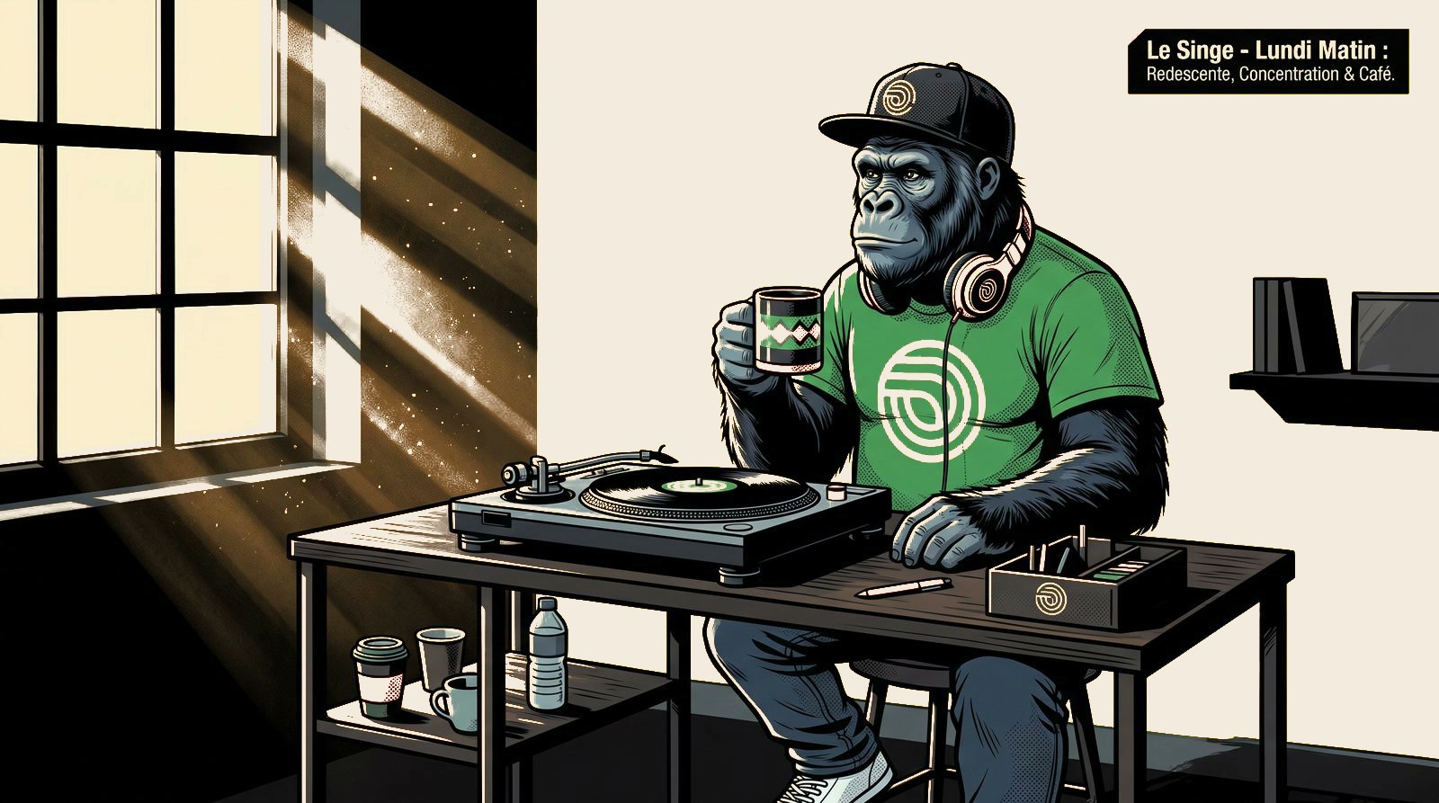 Illustration d'un DJ (personnage gorille) assis devant une platine vinyle silencieuse un lundi matin, casque autour du cou, un café à la main, lumière du matin entrant par la fenêtre, fond jaune Le Singe