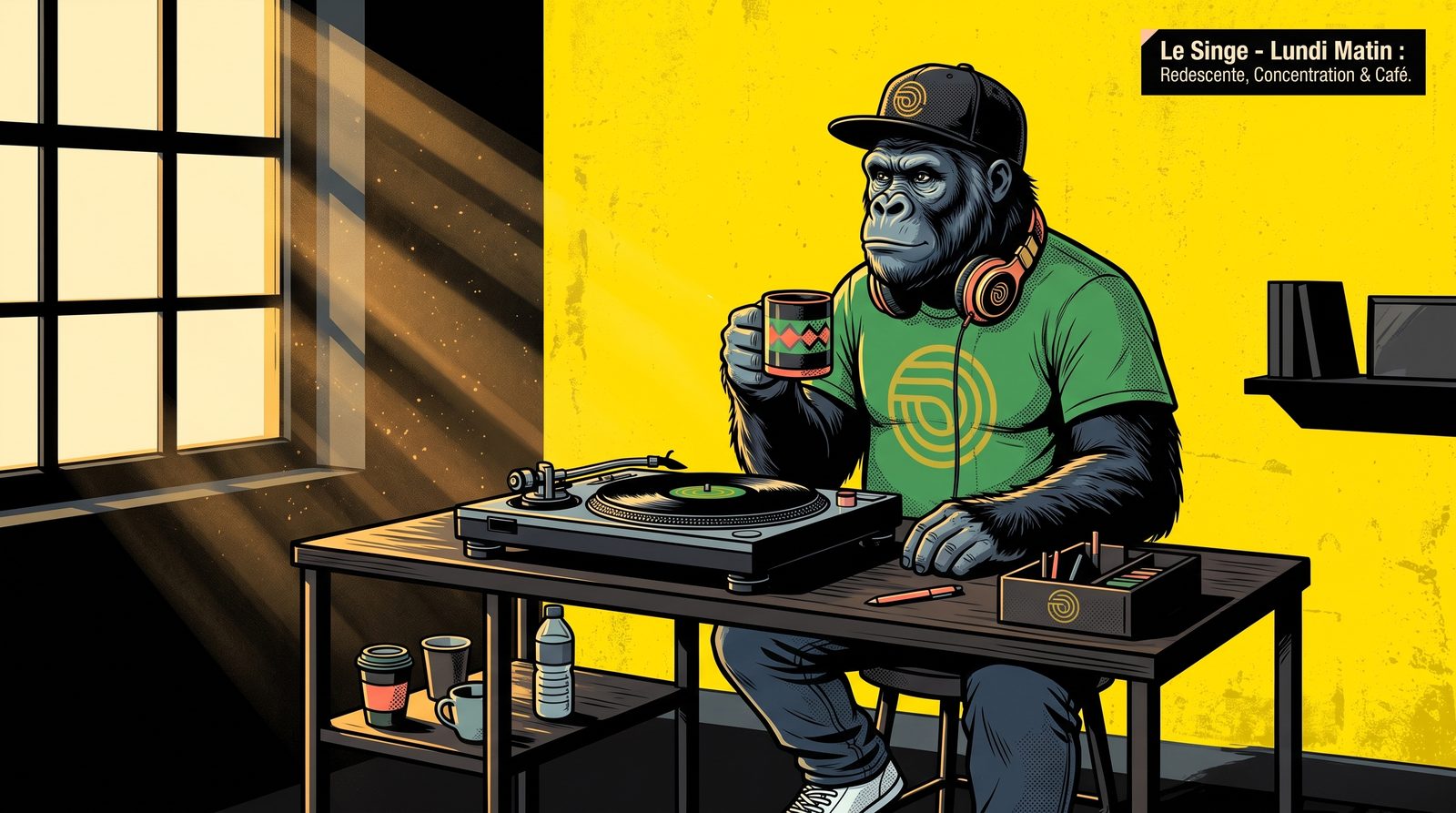 Illustration d'un DJ (personnage gorille) assis devant une platine vinyle silencieuse un lundi matin, casque autour du cou, un café à la main, lumière du matin entrant par la fenêtre, fond jaune Le Singe