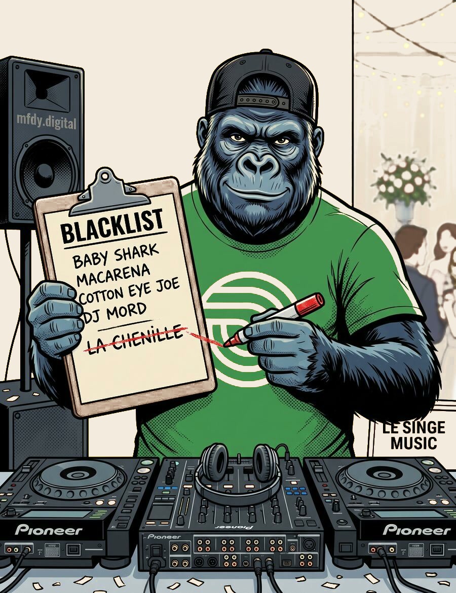 Le Singe, DJ derrière ses platines, illustration en gorille, avec la chenille barrée en fond sur jaune