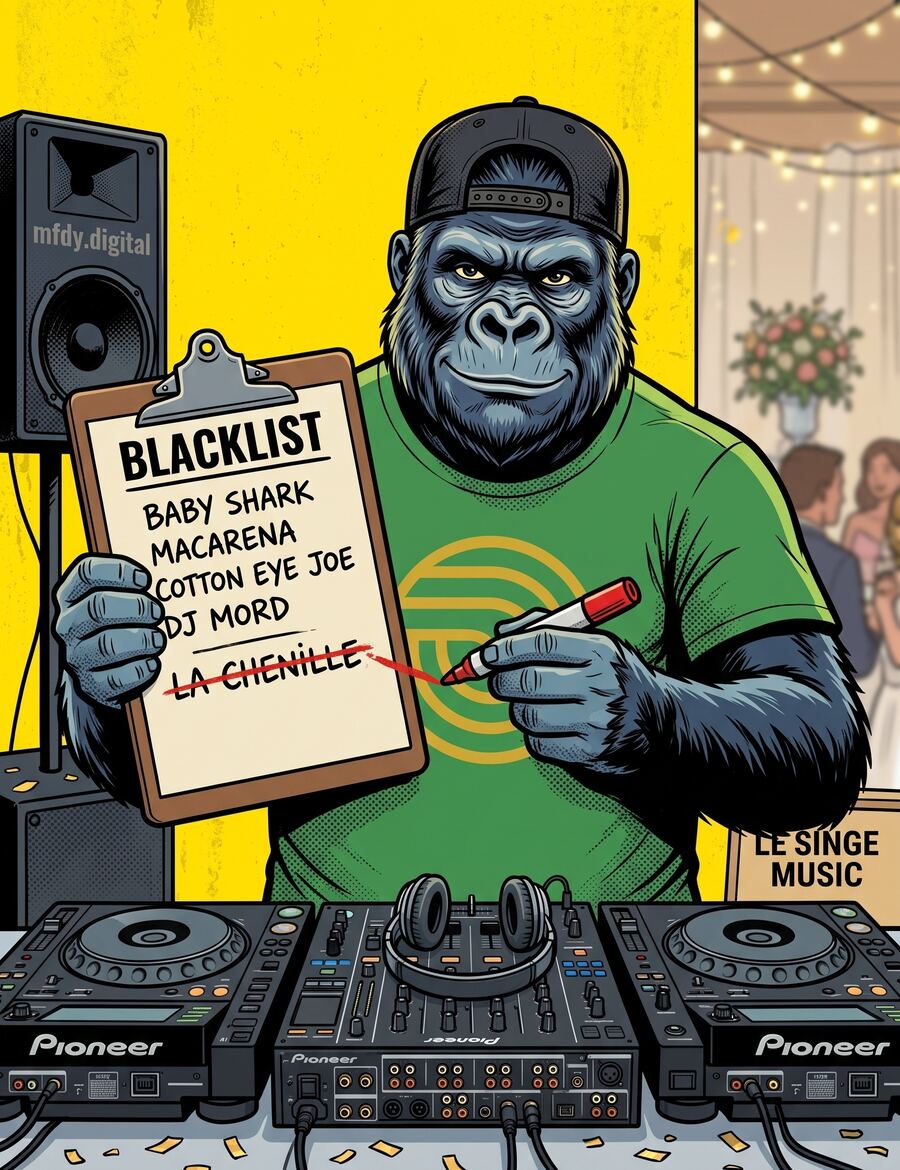 Le Singe, DJ derrière ses platines, illustration en gorille, avec la chenille barrée en fond sur jaune