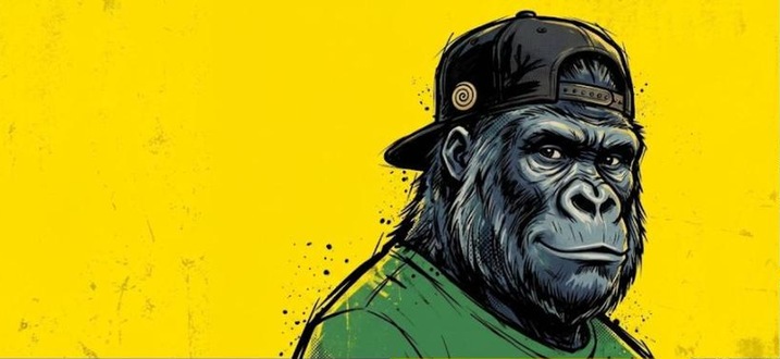 Le Singe, DJ en pleine prestation derrière ses platines, illustration en gorille sur fond jaune