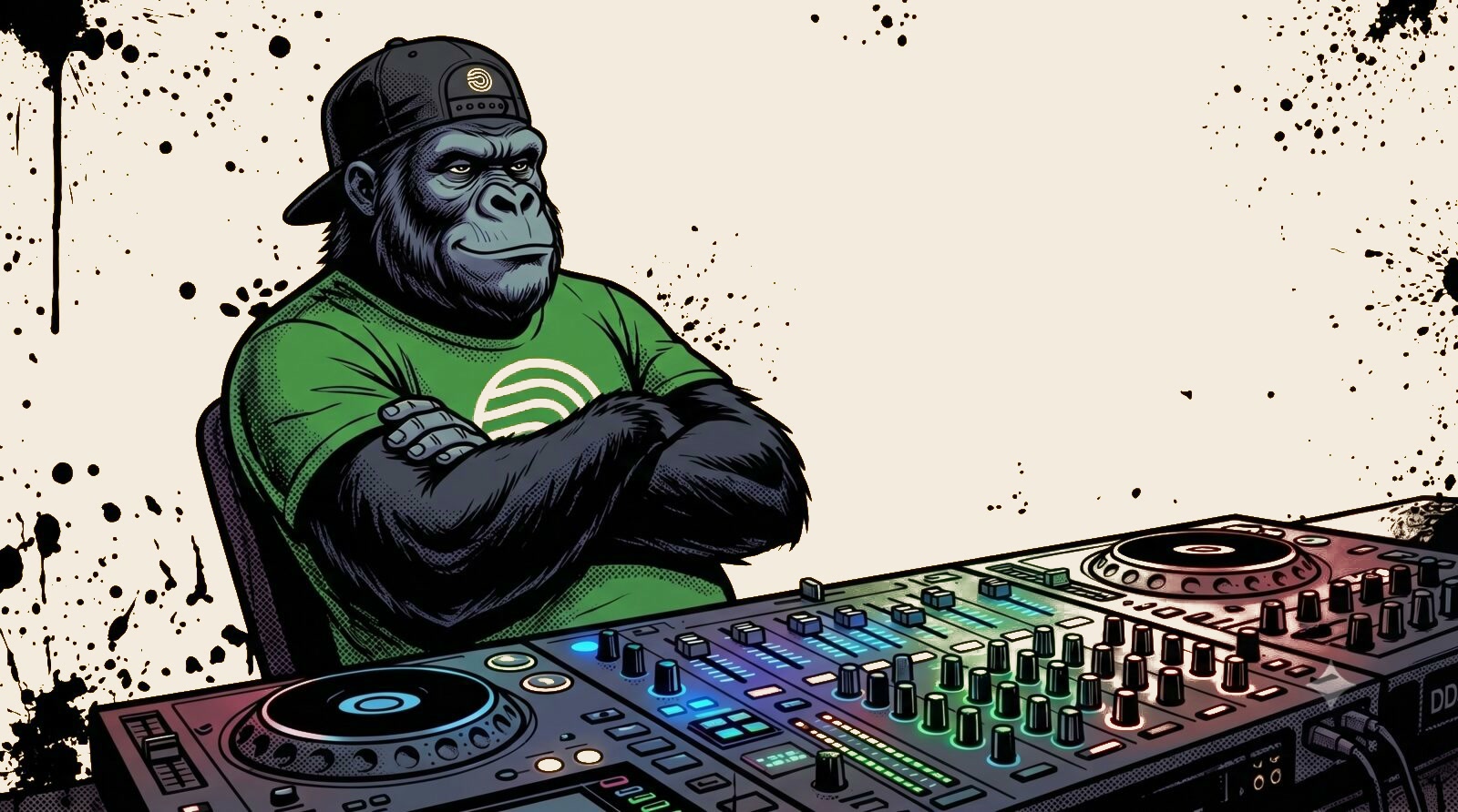 Le Singe, DJ derrière ses platines, illustration en gorille sur fond jaune