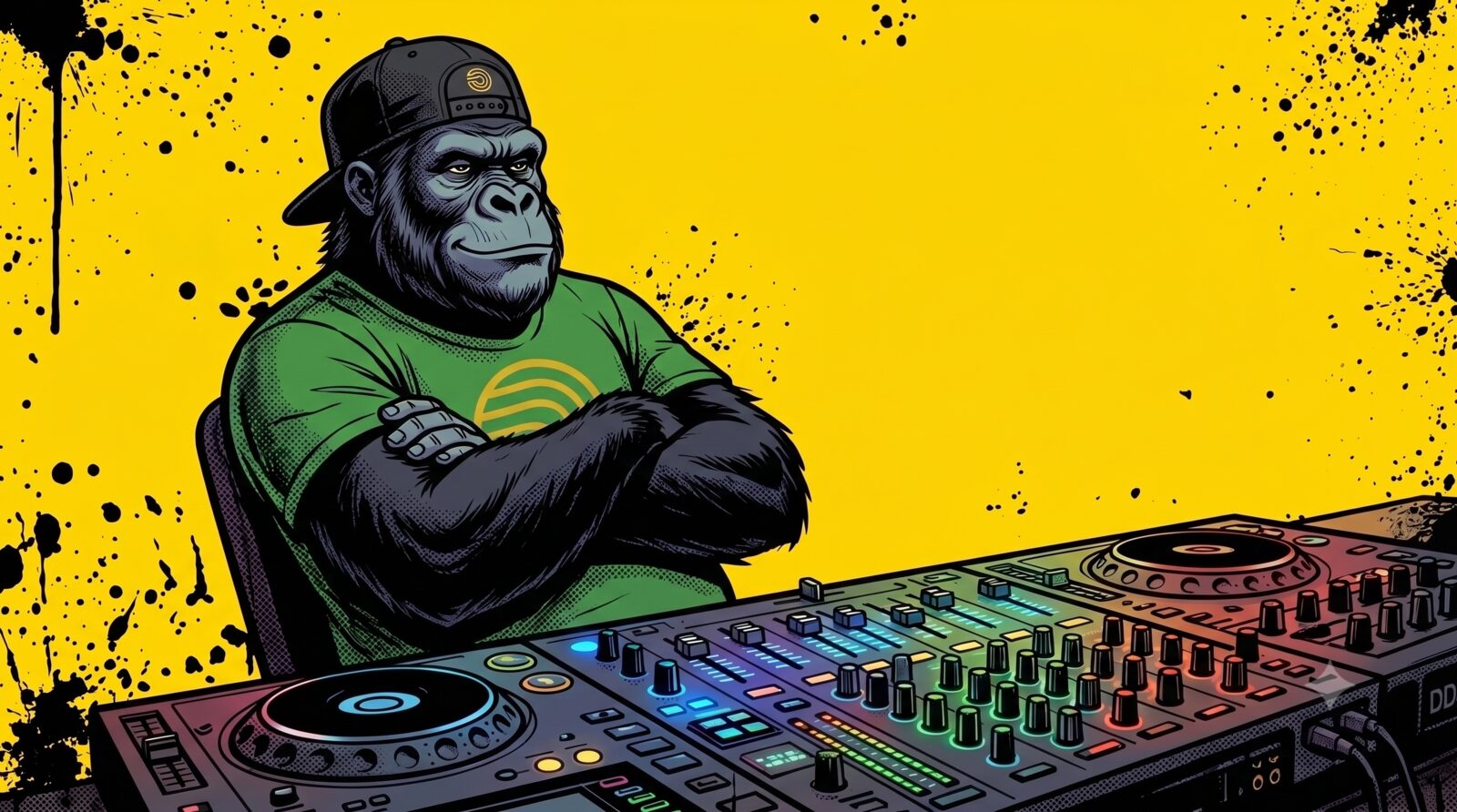 Le Singe, DJ derrière ses platines, illustration en gorille sur fond jaune