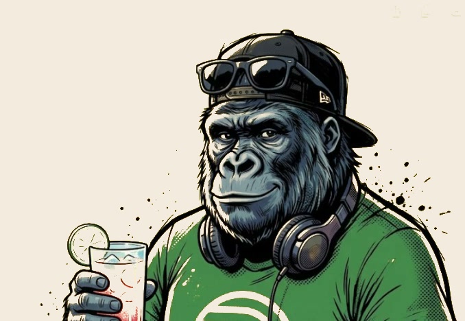 Le Singe, DJ illustré en gorille, casque autour du cou et cocktail à la main, ambiance apéro d'été sur fond jaune