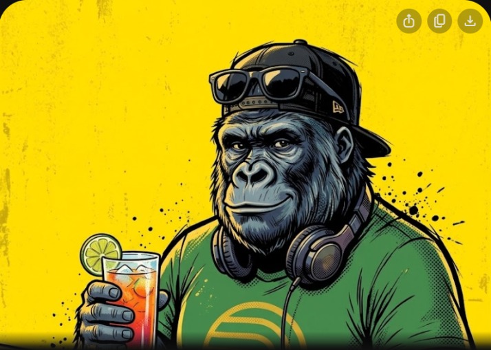 Le Singe, DJ illustré en gorille, casque autour du cou et cocktail à la main, ambiance apéro d'été sur fond jaune