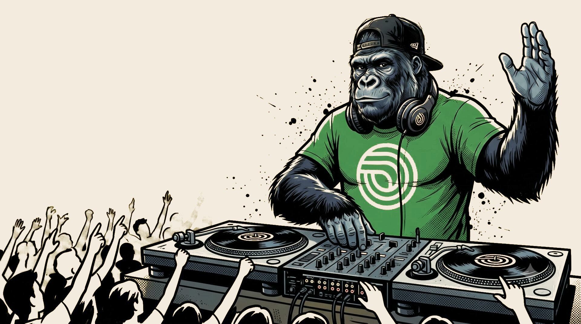 Le Singe, DJ derrière ses platines, illustration en gorille sur fond jaune